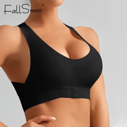 Women's Wireless Posture Support Bra – Front Closure Push-Up Comfort Bralette with Cross-Back Design for Everyday Shaping